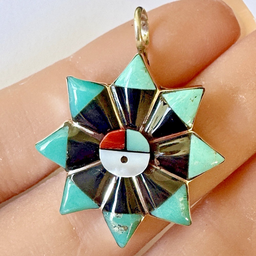 Starburst Sunface Zuni Pendant Turquoise Inlay Multi Stone Sterling Signed Vacil